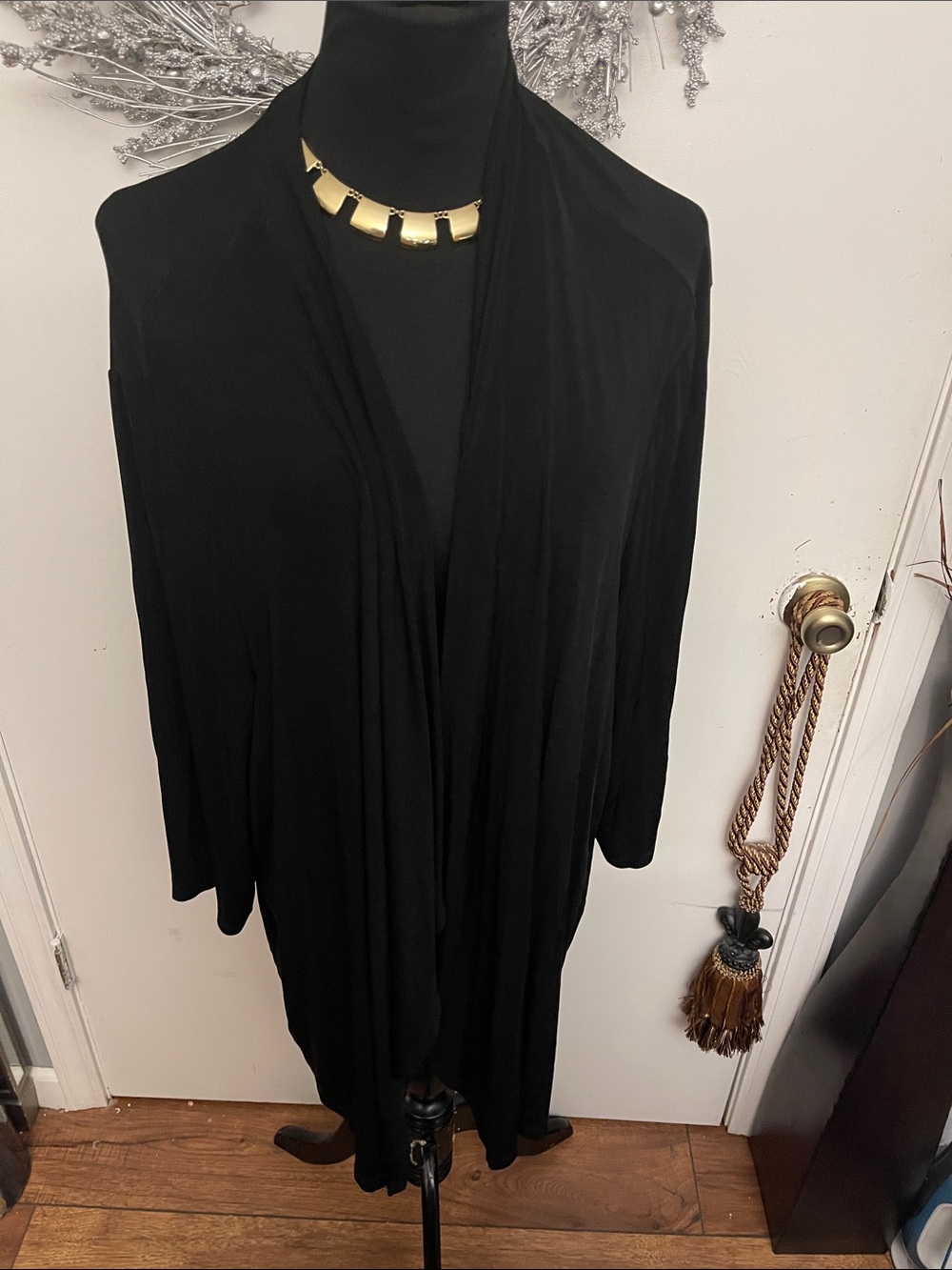 Black Draped Women's Dress - Elegant Open Front cardigan